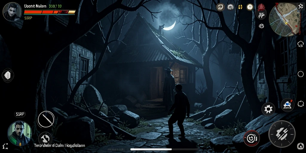 Screenshot gameplay 55RP menampilkan momen menakutkan dalam kegelapan.