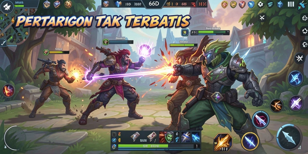 Screenshot aksi seru dalam game MOBA 66D.