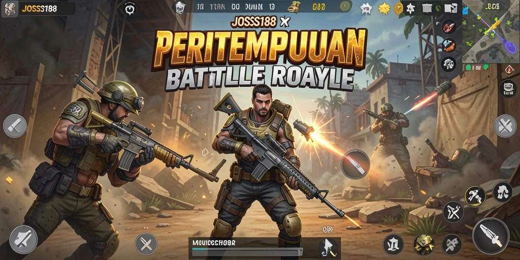 Tampilan mendebarkan gameplay pertempuran di JOSS188, menampilkan aksi di arena Battle Royale.