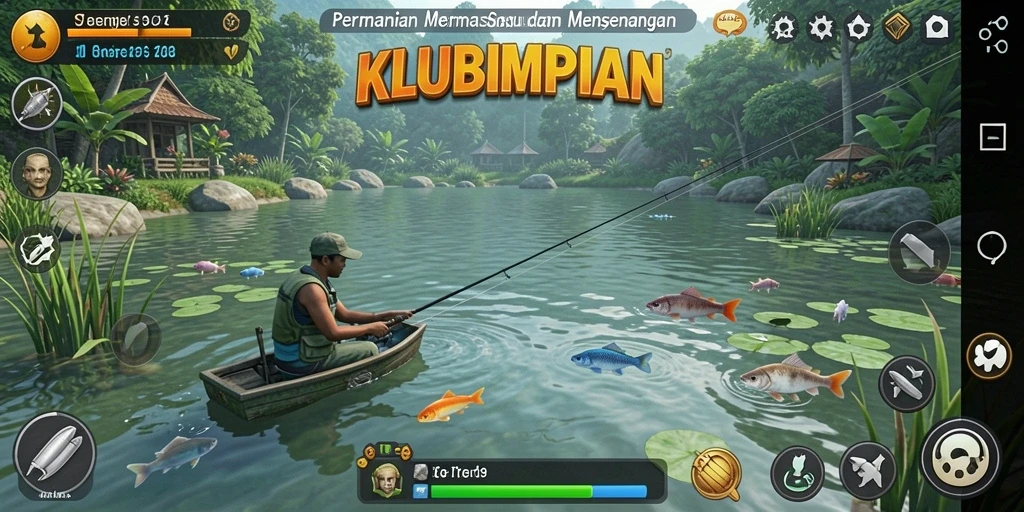 Tampilan gameplay KLUBIMPIAN yang menarik saat memancing di danau.