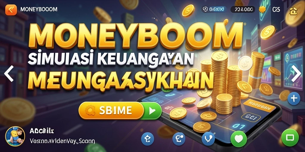 Screenshot menampilkan gameplay <strong>MONEYBOOM</strong> dengan interaksi simulasi keuangan.