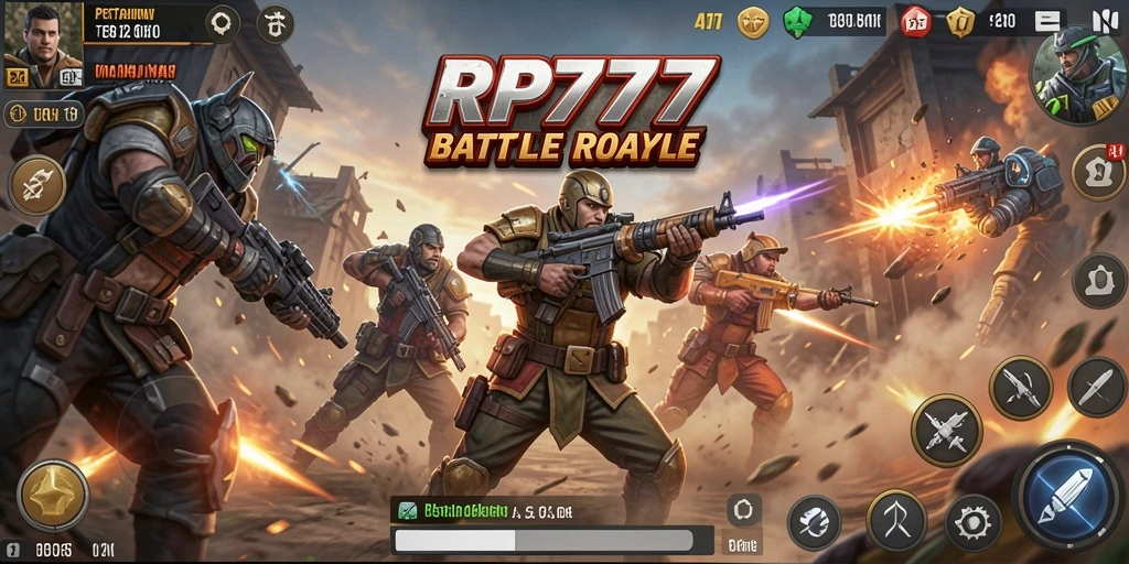 Tangkapan layar gameplay RP777 menampilkan pertempuran intens Battle Royale.