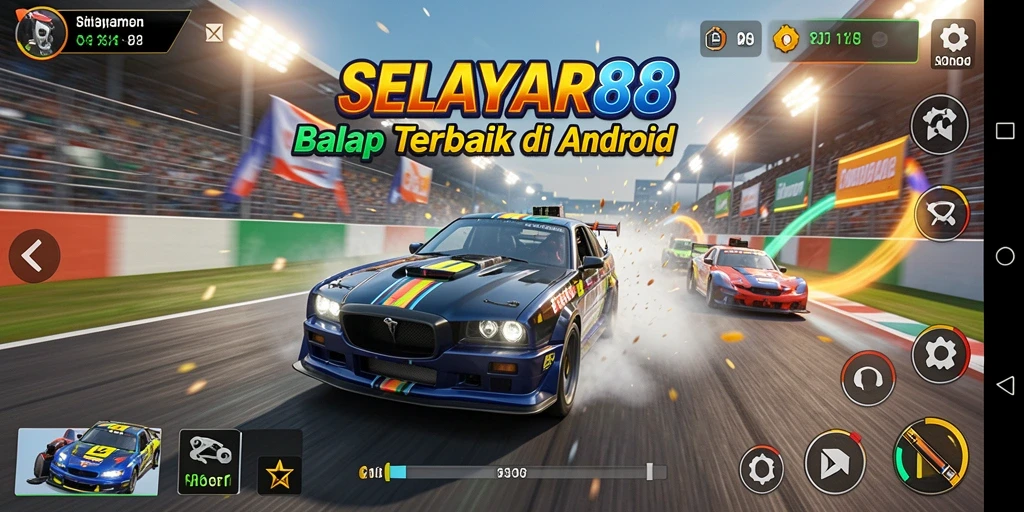 Tampilan utama gameplay SELAYAR88 dengan mobil balap dan trek yang seru.